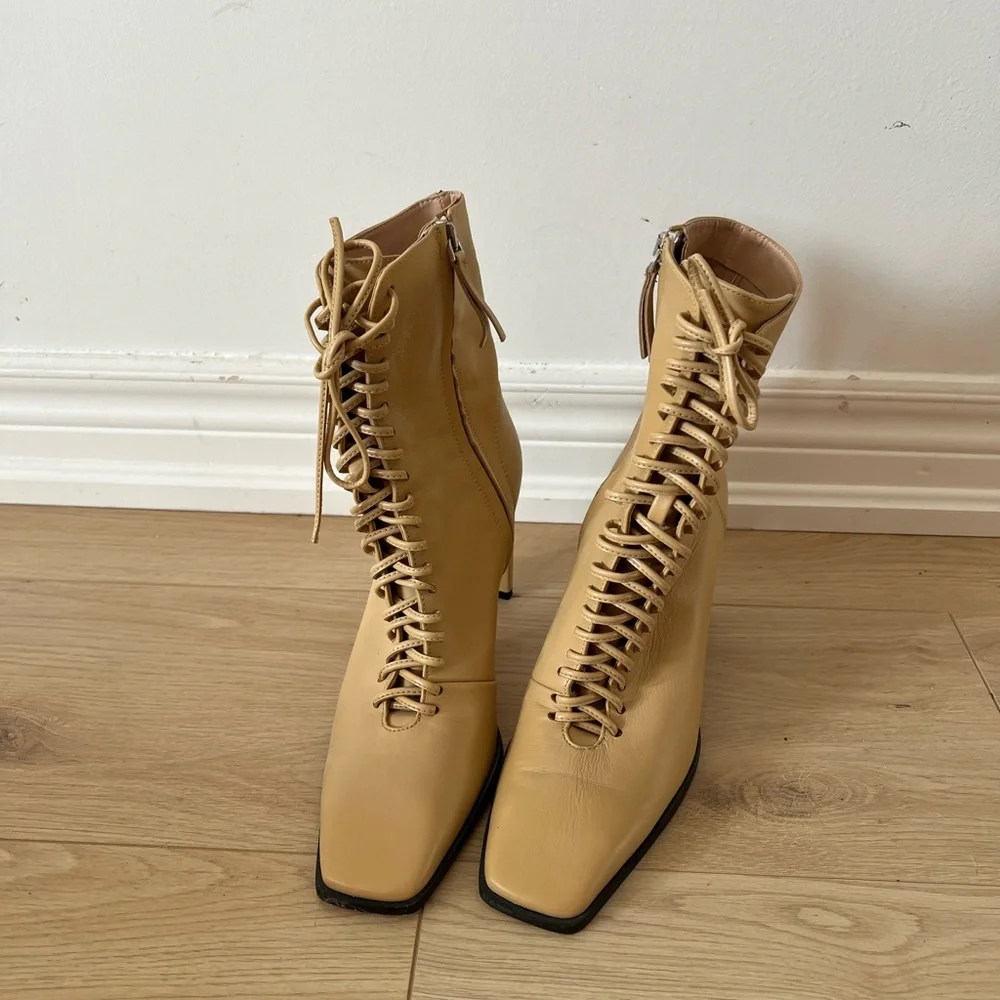 Tan Lace-Up Ankle Boots - Picture 1 of 2